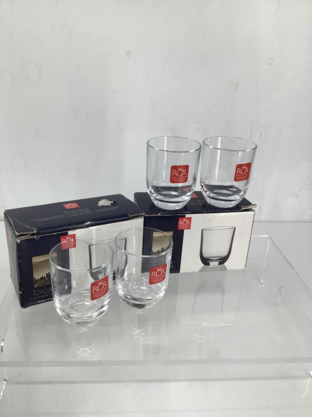 RCR Toscana Crystal Whiskey & Shot Glasses Set Of 4 Made In Italy New In Boxes